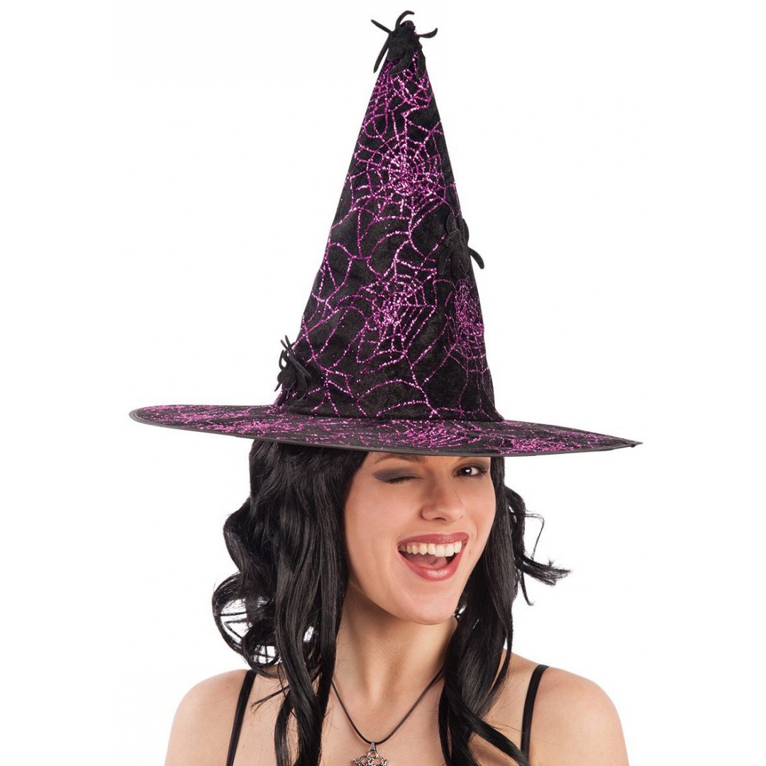 Chapeau de sorcière violet avec araignées