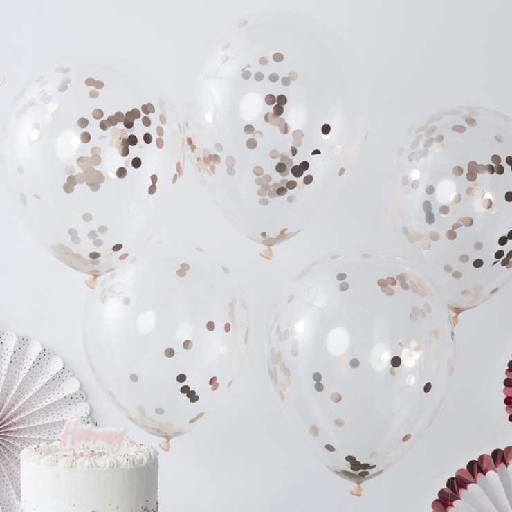 Ballons transparents confettis rose gold x5