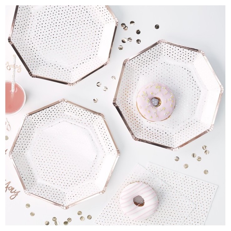Assiettes pois rose gold x8