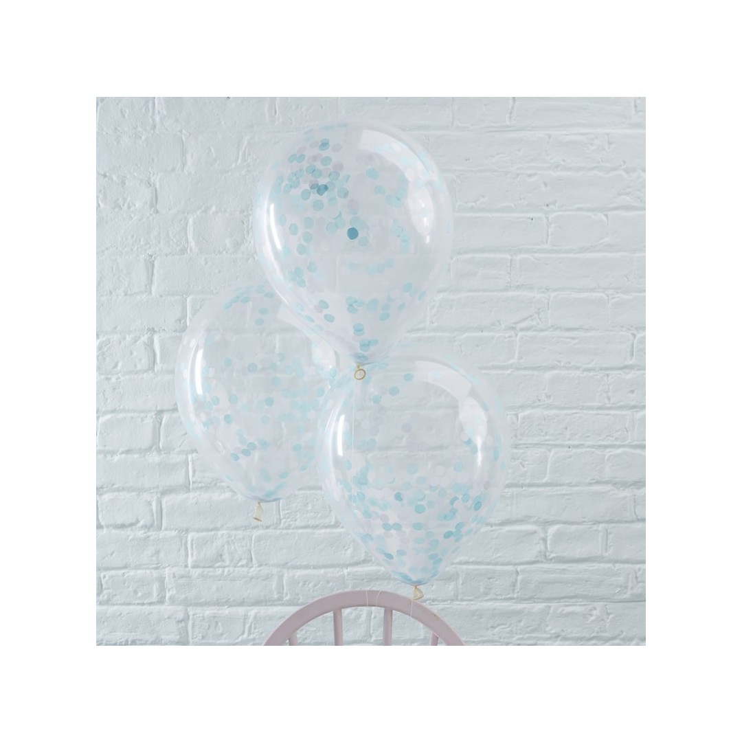 Ballons transparents confettis bleus x5