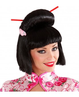 Perruque geisha avec fleur et baguettes