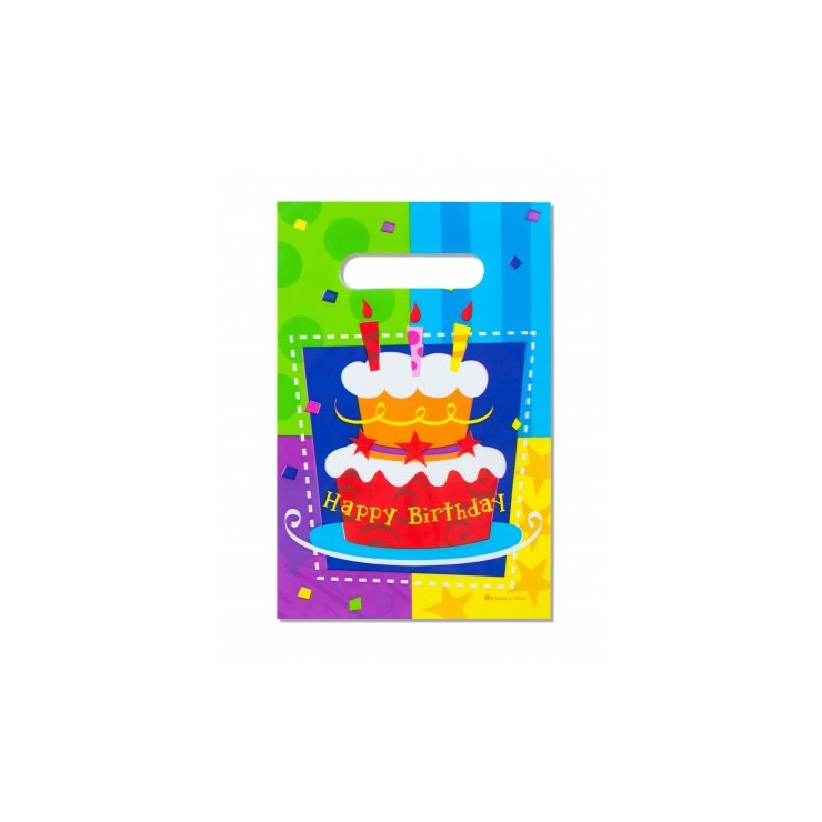6 sacs multicolores "Happy Birthday"