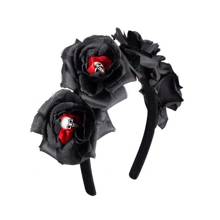 Serre-tête roses noires avec têtes de mort