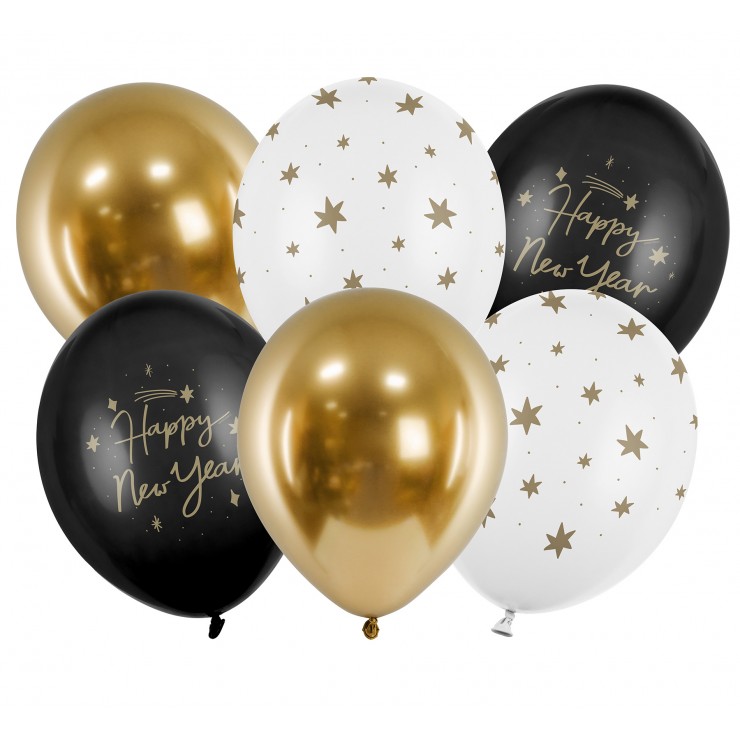 6 Ballons du Nouvel An noir et doré or en latex de 30 cm avec