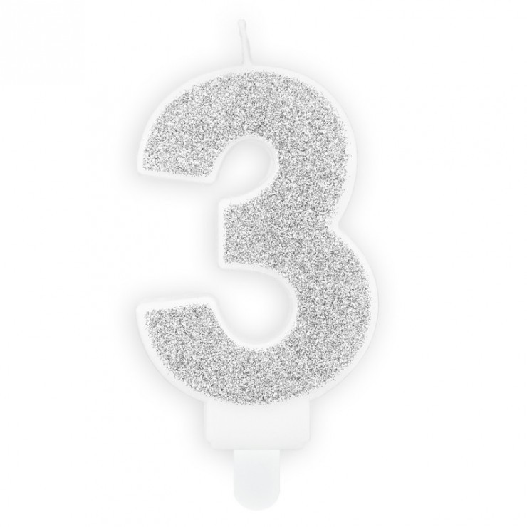 Bougie chiffre 3 pailletée argent