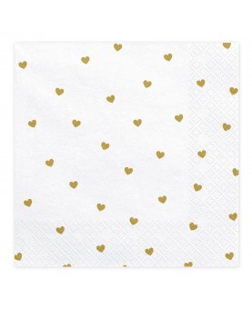 20 serviettes blanches cœurs dorés