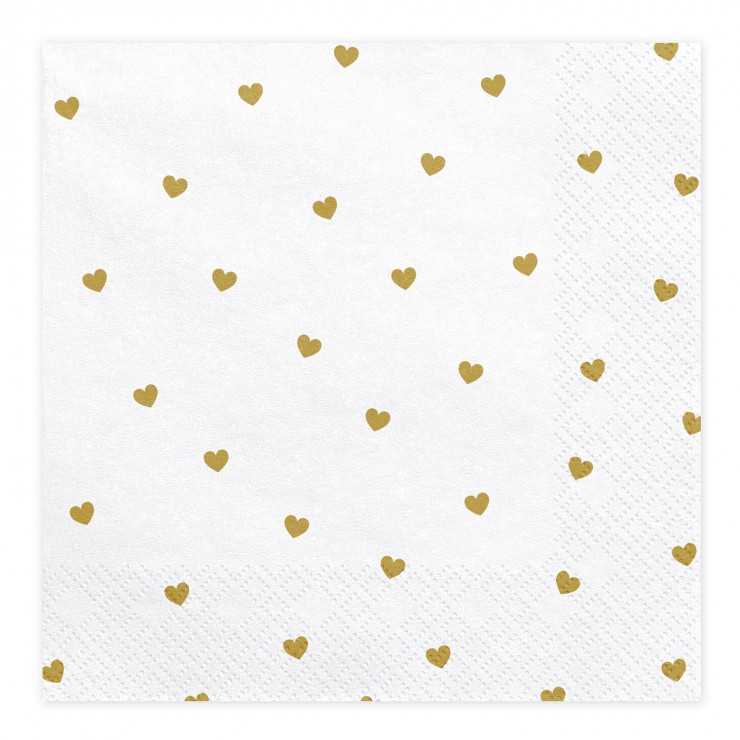 20 serviettes blanches cœurs dorés
