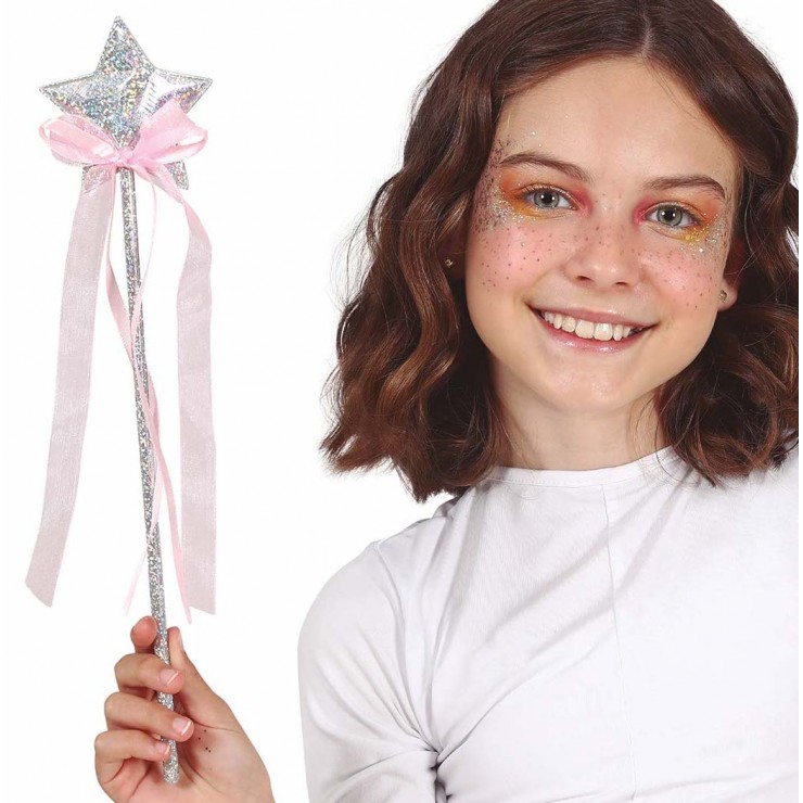 Baguette étoile argentée avec nœud rose