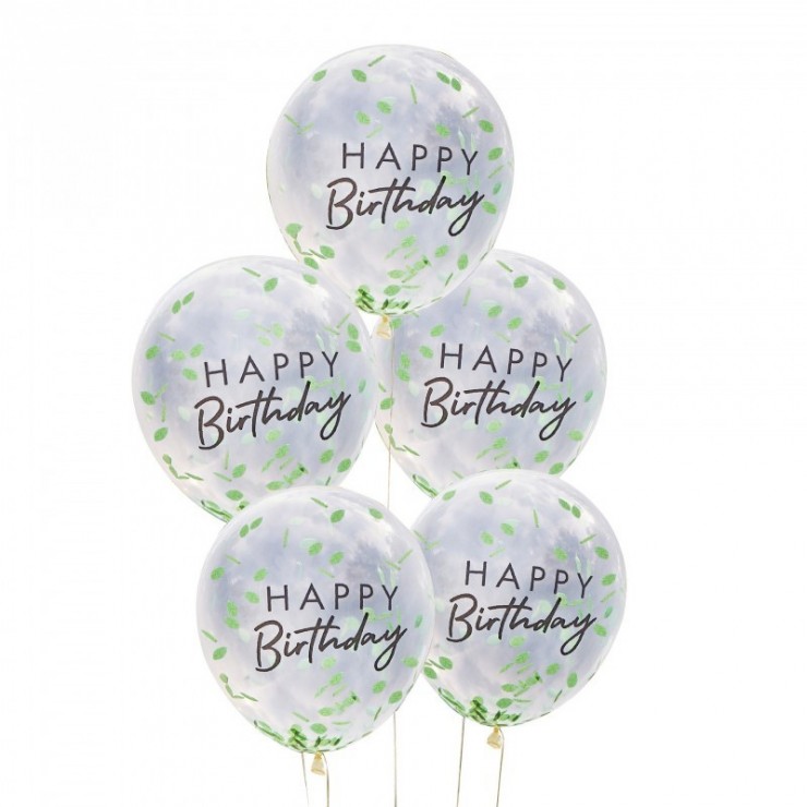5 ballons confettis feuilles verts "Happy Birthday"