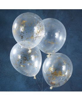 5 Ballons transparents confettis étoiles or