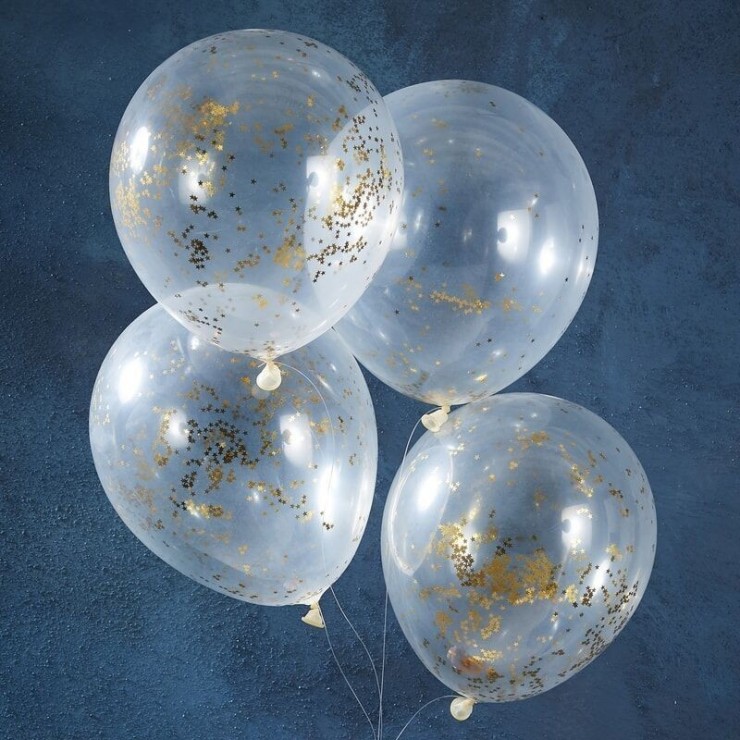 5 Ballons transparents confettis étoiles or