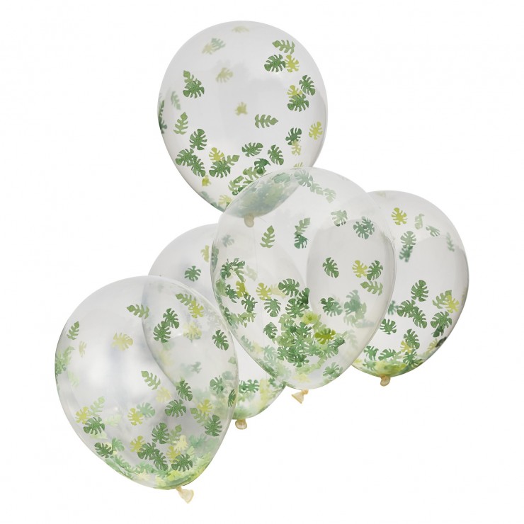 5 ballons transparents confettis feuilles de la jungle