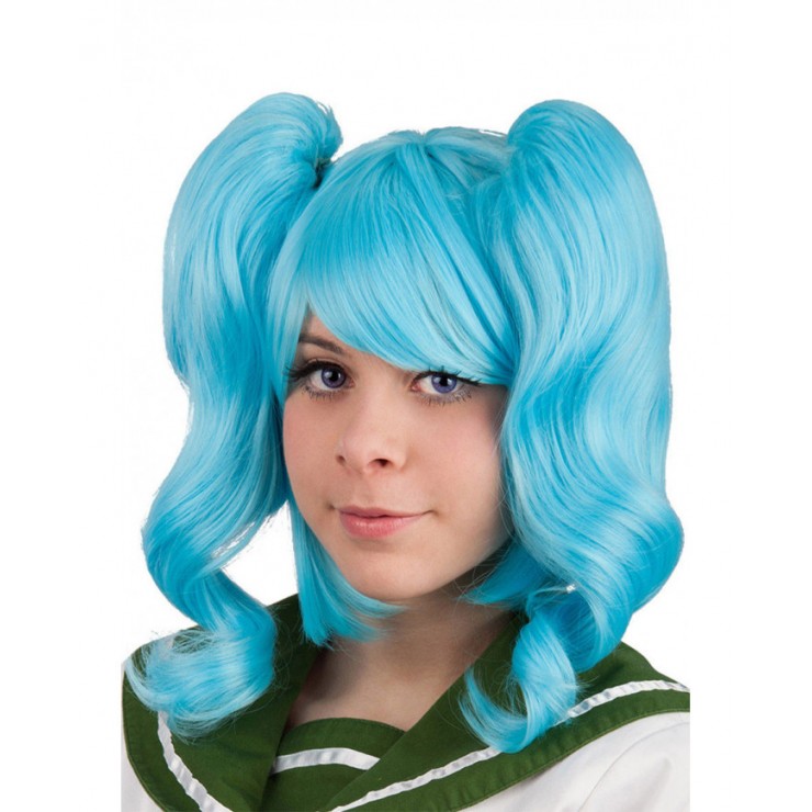 Perruque pour filles Cosplay Cheveux bleus avec queues Adulte