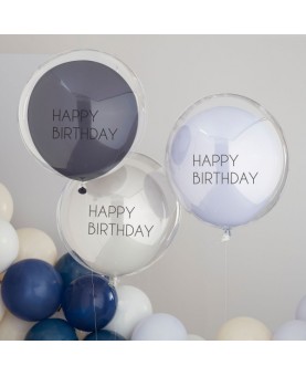 Ballons Doubles Happy Birthday Bleus