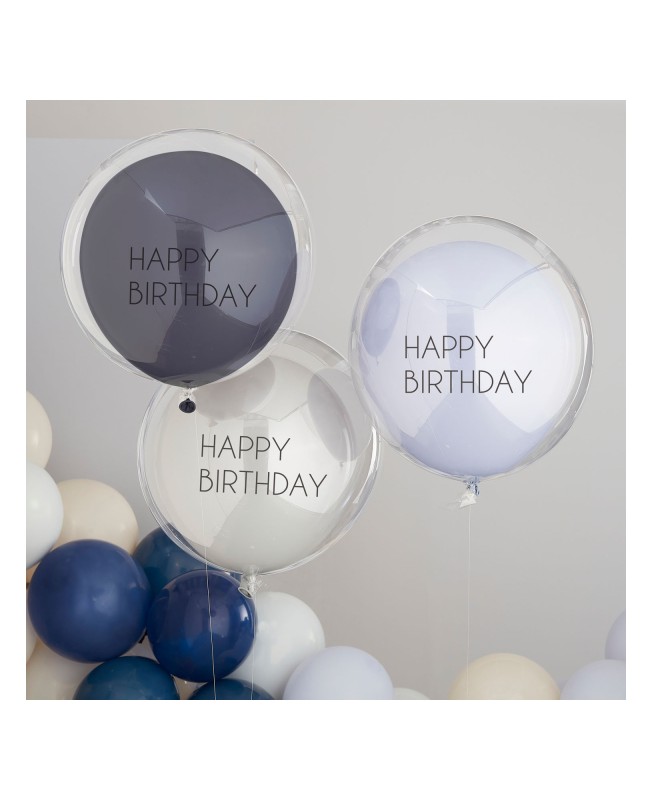Ballons Doubles Happy Birthday Bleus