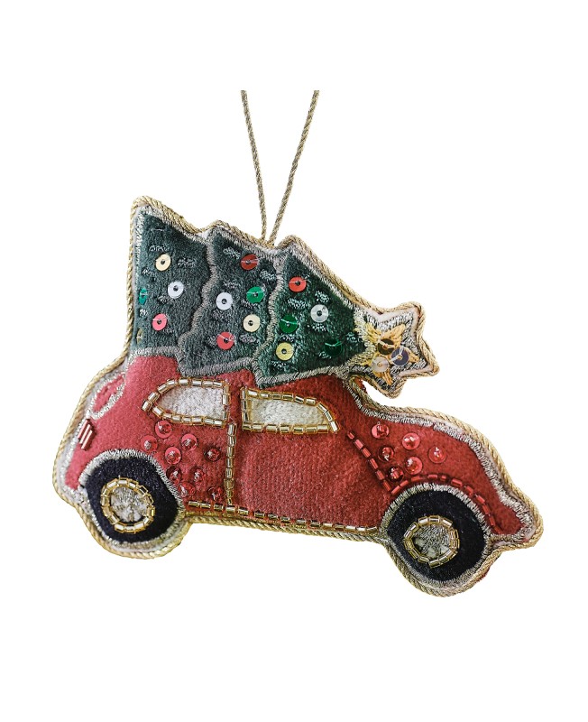 Décoration sapin de Noël - Voiture en velours brodé