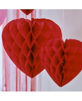 5 cœurs rouges à suspendre en papier alvéolé