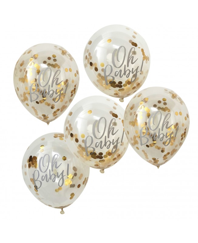 5 ballons transparents confettis dorés "Oh Baby"