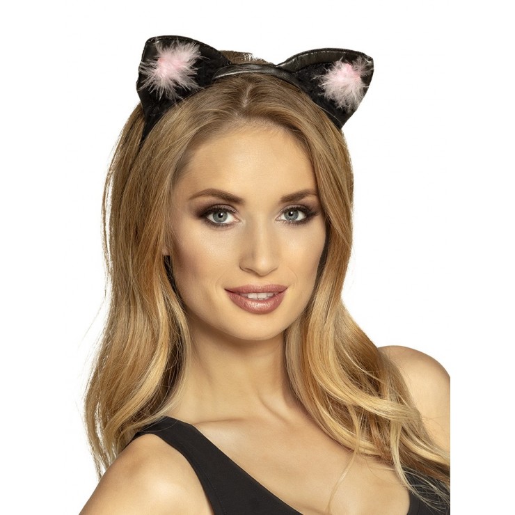 Serre-tête Chat noir et rose